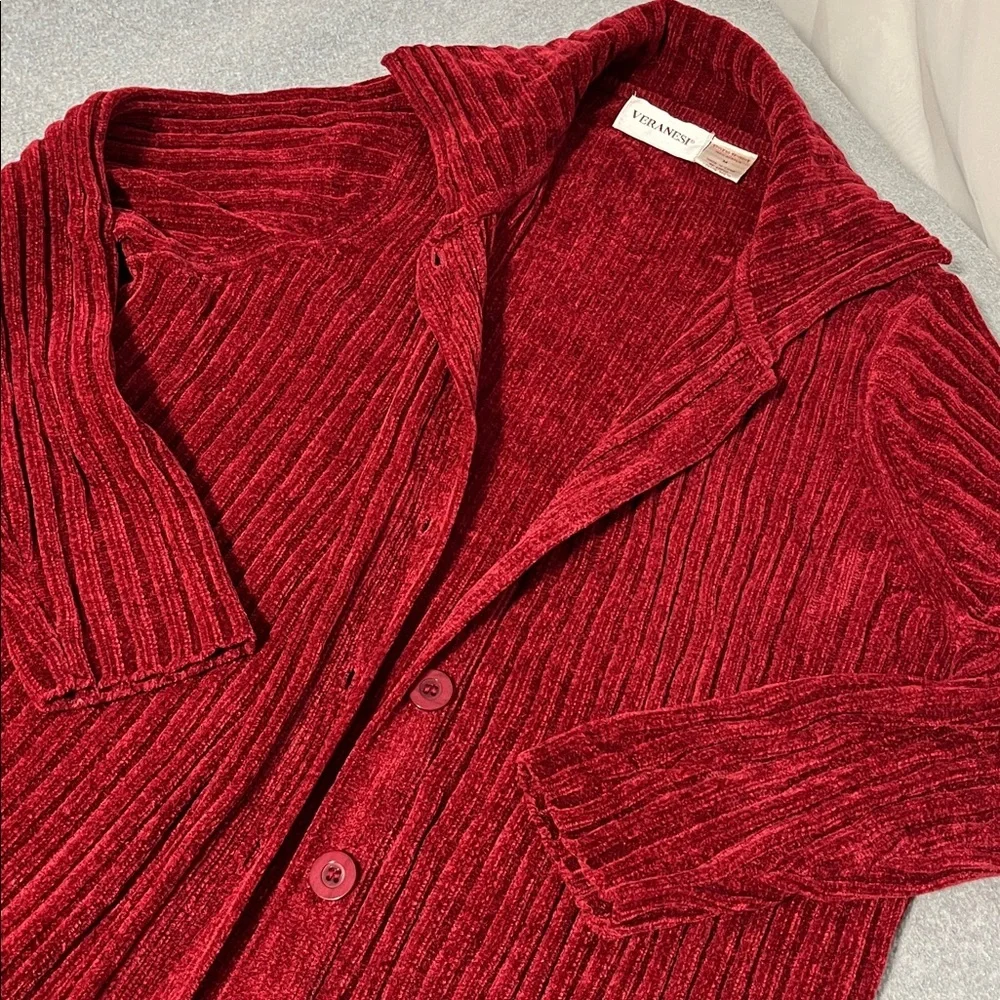 Red Duster Cardigan Sweater Medium Chenille Button Christmas Holiday Lounge